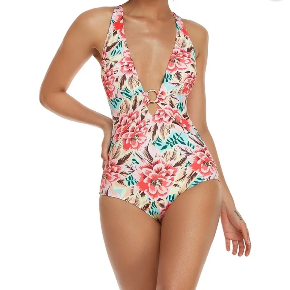 One Piece Swimsuit Floral Print Bathing Suit Deep V Neck Front & Back Ring